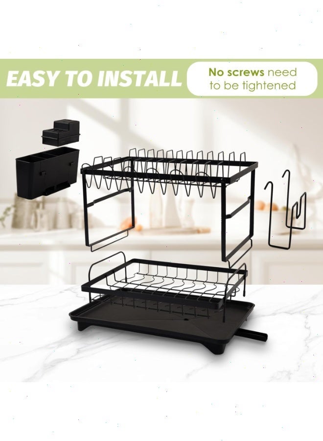 Double Tier Dish Drying Rack, Dish Drainer with Drip Tray & Swivel Drainage Spout, Utensil Holder, Cup Holder, Cutting-Board Holder and Plate Holder Stand for Kitchen Counter - Quick Install - Image 2